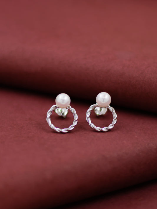 Intertwined Circular Hoop Earrings with Top Pearl Accent