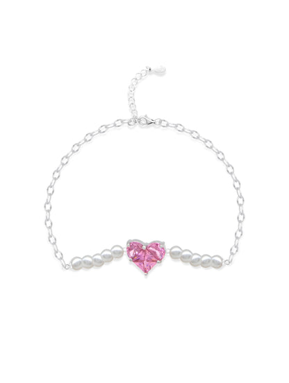 Heart Bracelet with Swarovski Pink Gemstone and Natural Pearls