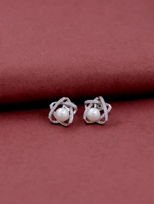 Star Stud Earrings with Center Pearl and Swarovski Zircon Accents