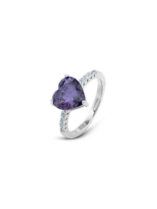 Heart-Shaped Ring with Purple Gemstone and Swarovski Zircon Accents