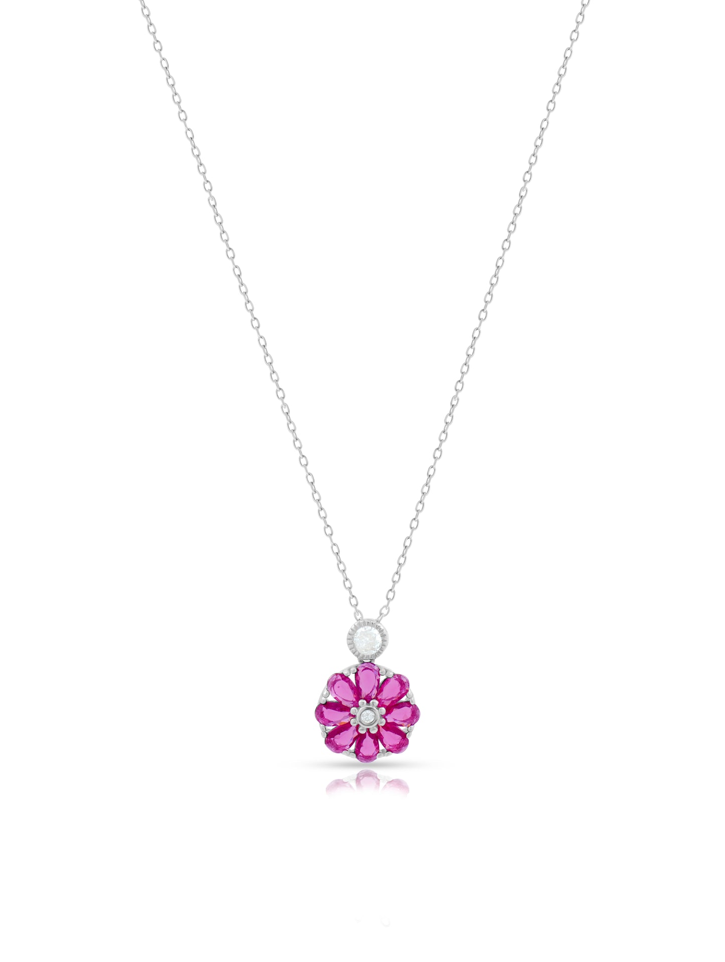 Floral Pendant Chain with Semi-Precious Pink Gemstones and Solitaire