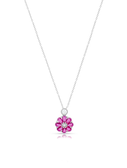 Floral Pendant Chain with Semi-Precious Pink Gemstones and Solitaire