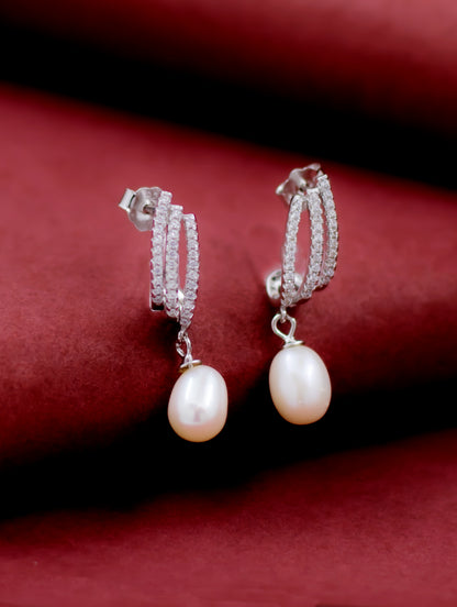 Layered Stripe Earrings with Swarovski Zircon and Dangling Pearl Accent