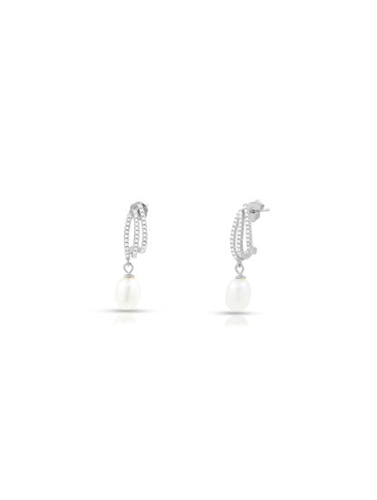 Layered Stripe Earrings with Swarovski Zircon and Dangling Pearl Accent