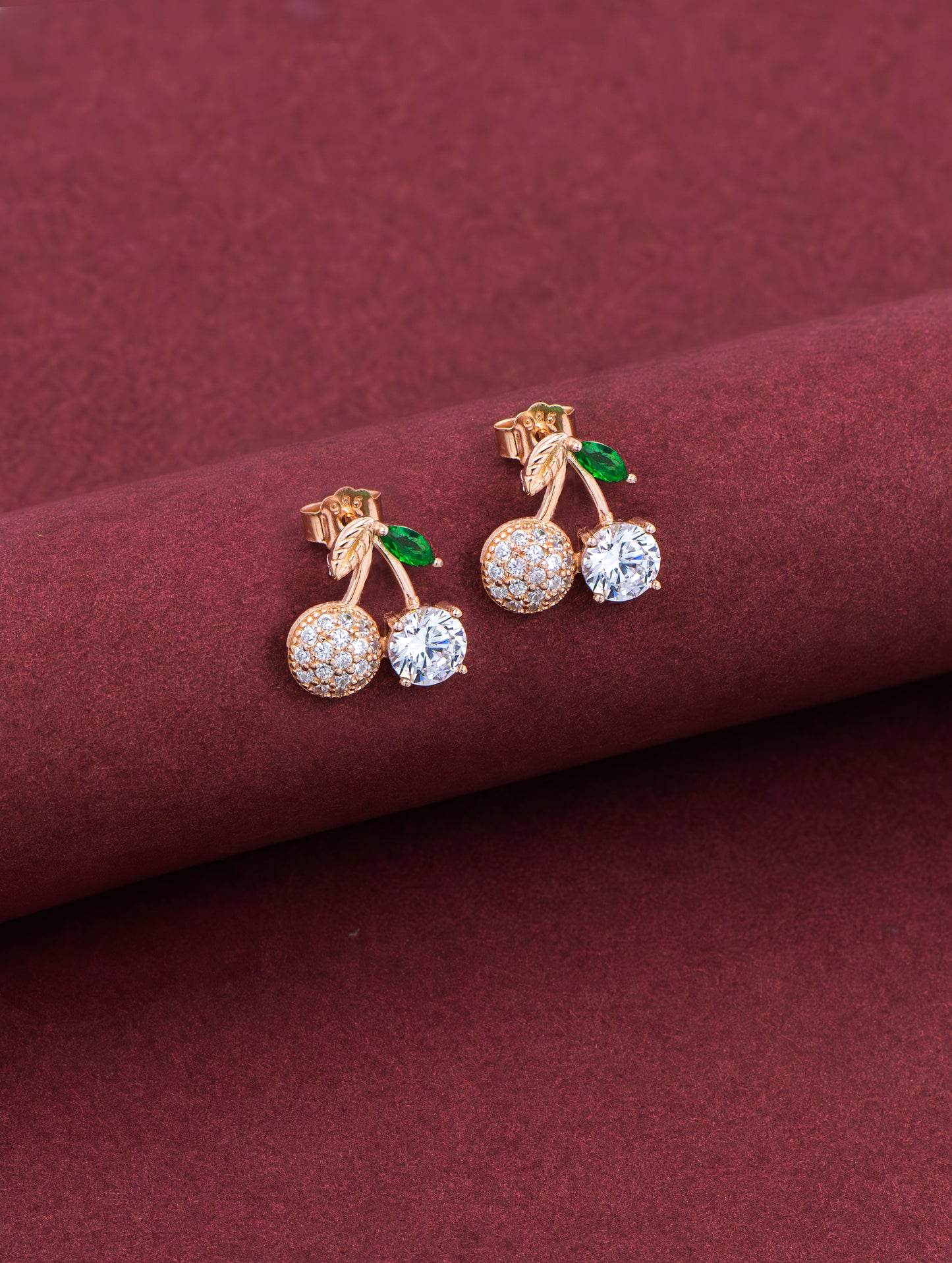 Cherry Blossom Stud Earrings with Swarovski Zircon and Green Gemstone