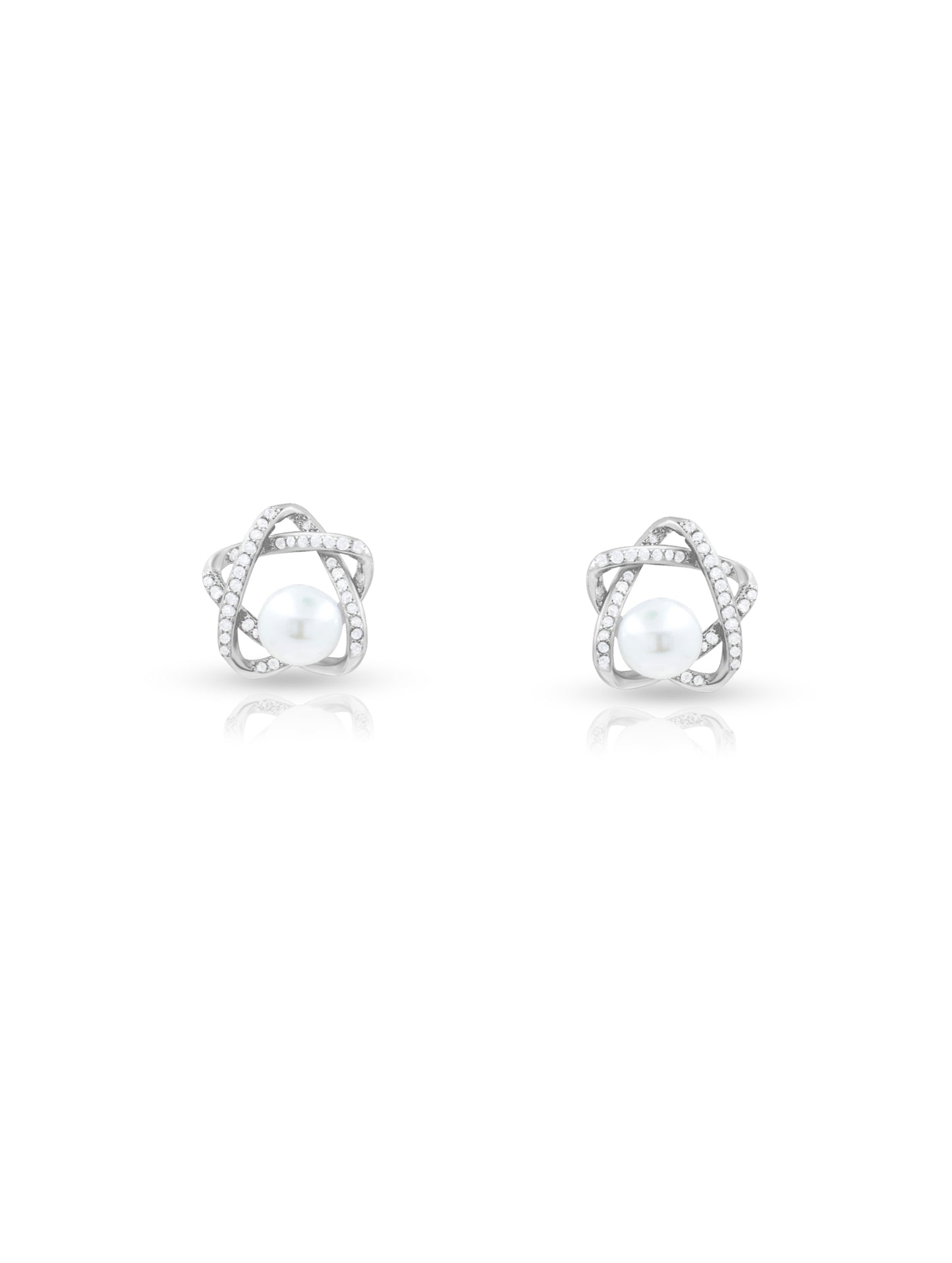 Star Stud Earrings with Center Pearl and Swarovski Zircon Accents