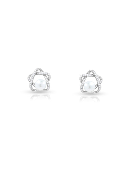 Star Stud Earrings with Center Pearl and Swarovski Zircon Accents