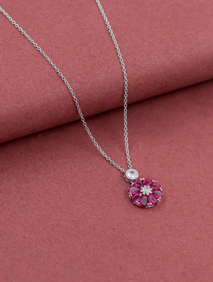 Floral Pendant Chain with Semi-Precious Pink Gemstones and Solitaire