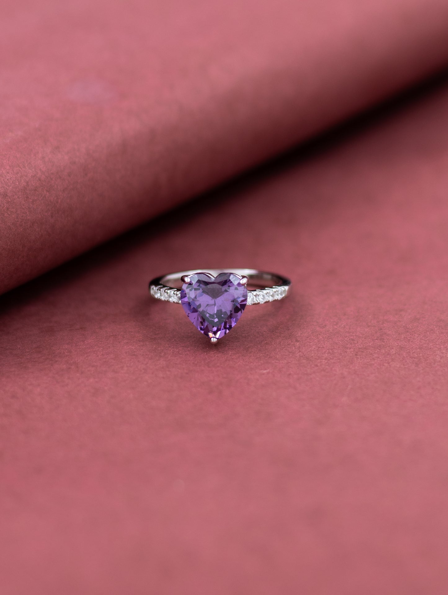 Heart-Shaped Ring with Purple Gemstone and Swarovski Zircon Accents