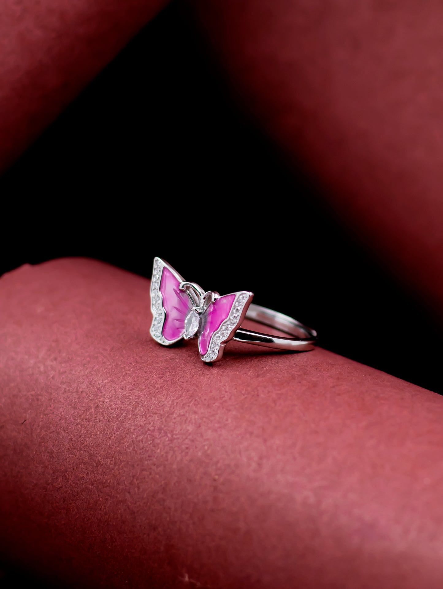 Butterfly Ring with Pink Enamel and White Swarovski Zircon