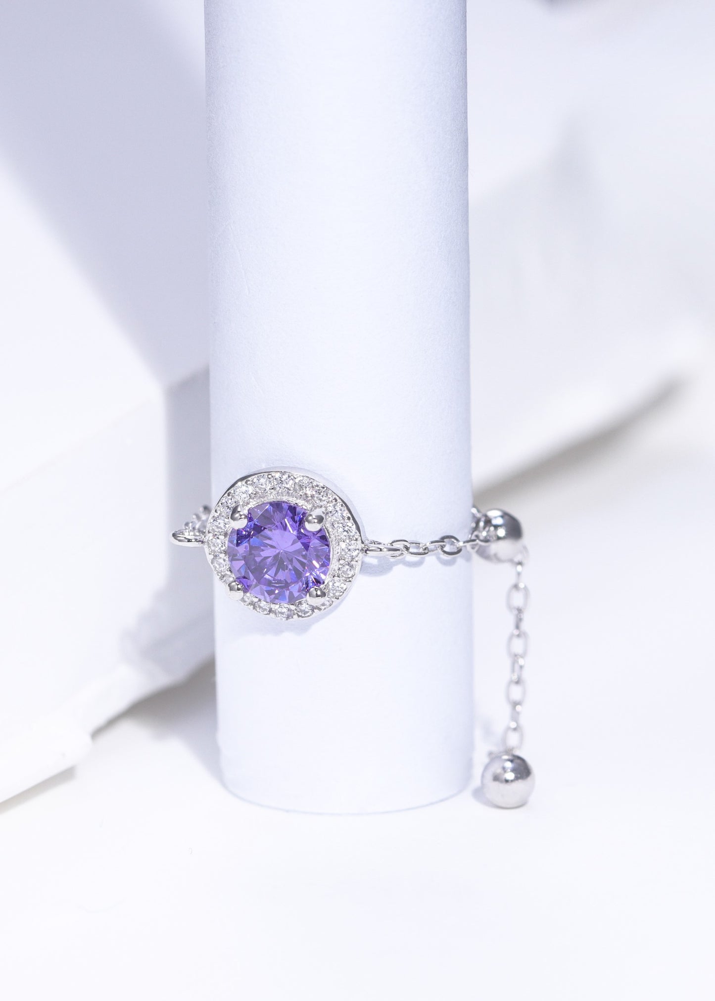 Chain Ring with Purple Stone and Swarovski Zircon Accents