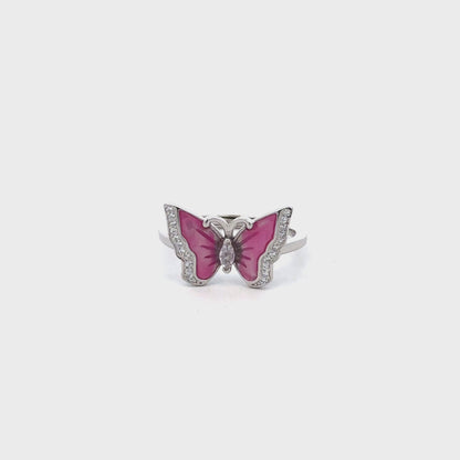 Butterfly Ring with Pink Enamel and White Swarovski Zircon