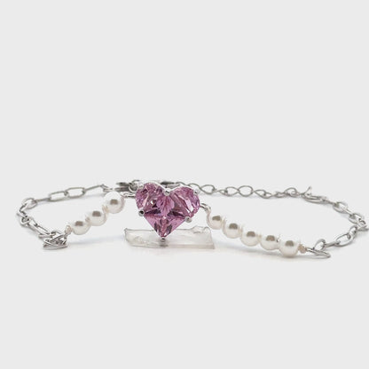 Heart Bracelet with Swarovski Pink Gemstone and Natural Pearls