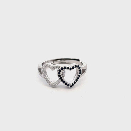 Dual Heart Ring with Semi-Precious Black Stone and Swarovski Zircon