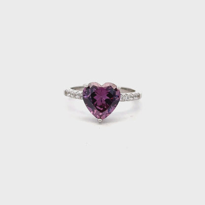 Heart-Shaped Ring with Purple Gemstone and Swarovski Zircon Accents