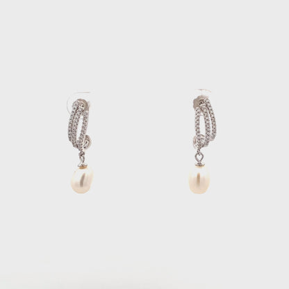 Layered Stripe Earrings with Swarovski Zircon and Dangling Pearl Accent